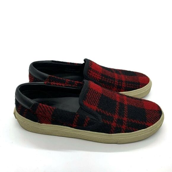 Saint Laurent Sz 39 Red & Black Tartan Plaid Tweed Slip-On Sneakers - Picture 1 of 7